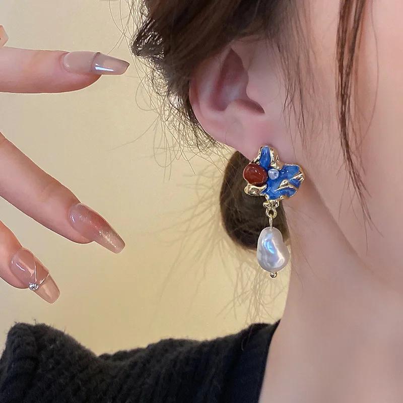 Винтажные серьги-капли с неправильным жемчугом для женщин, темпераментные серьги, корейская легкая роскошь, высокие неправильные цирконы, подарок