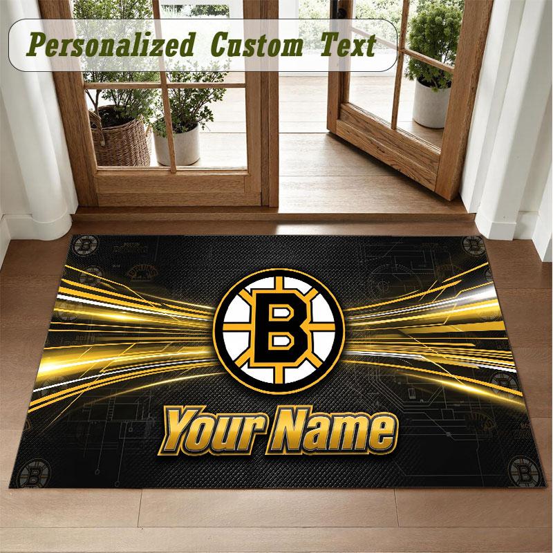 Crystal Velvet Square Rug Custom NameBoston Bruins Pattern Non Slip Home Floor Decor Rug