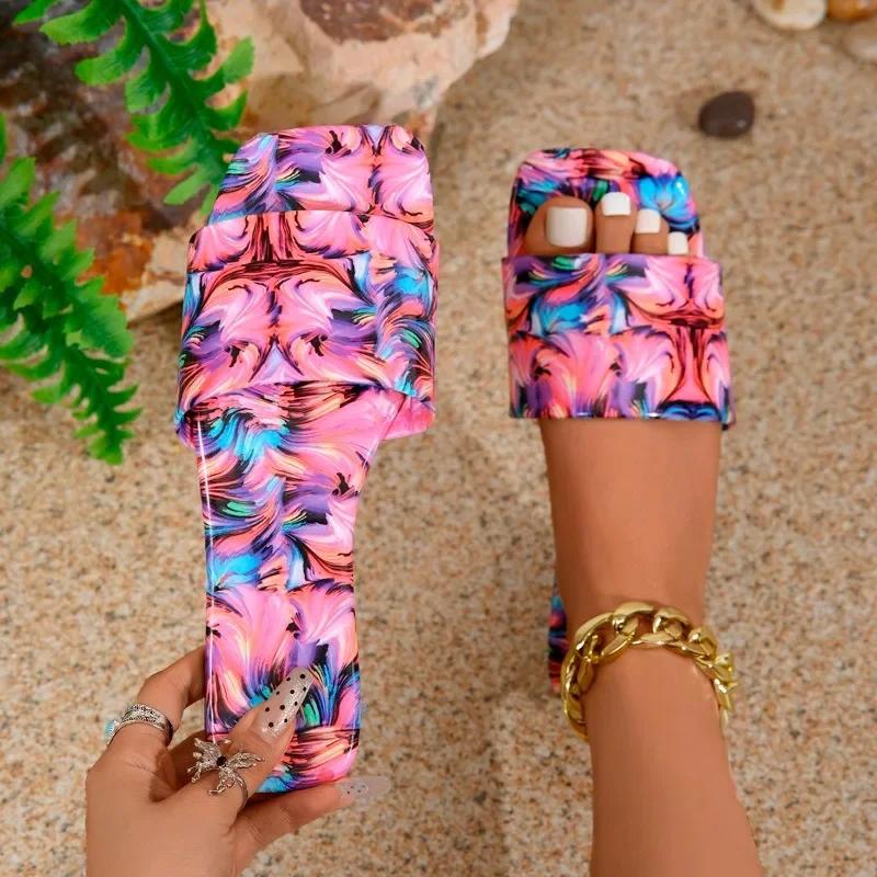 Модная женская обувь 2024 года, новые женские тапочки с открытым носком и квадратным носком, летние разноцветные повседневные пляжные тапочки на плоской подошве большого размера