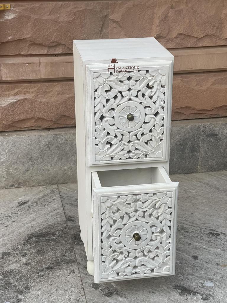 Hand-Carved Wooden Nightstand | White Side Table with Desk Drawers | Wooden Storage Cabinet | White Bedside Table Dressers Storage Table Art