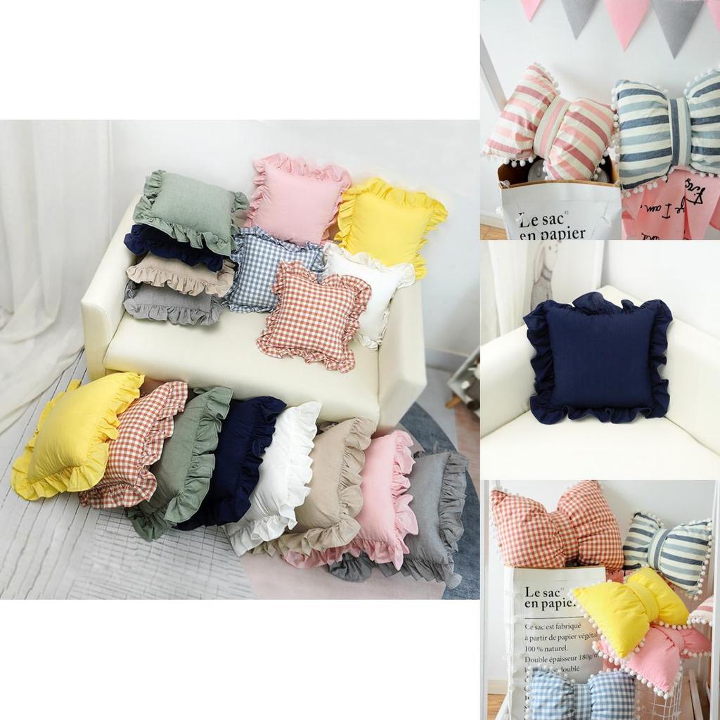 Полосатая хлопковая подушка с бантом и отделкой из помпонов для домашнего декора**