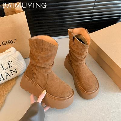 Замшевые женские ботильоны на платформе, дизайнерские туфли на среднем каблуке, зимняя новинка 2025 года, трендовые нескользящие зимние ботинки для ходьбы Botas De Mujer