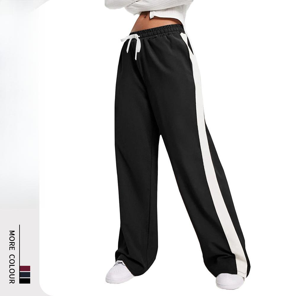 Contrasting Colour Block Elastic Waist Wide-leg Pants Casual Straight-leg Pants for Women Wide-leg
