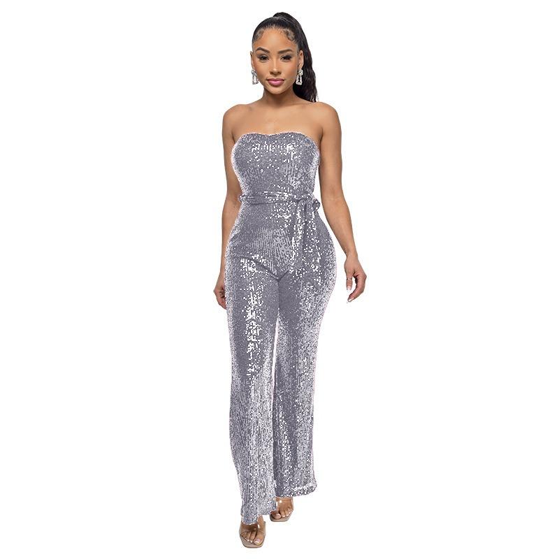 Женский комбинезон без рукавов с поясом из пайеток, однотонный, с открытой грудью и спиной