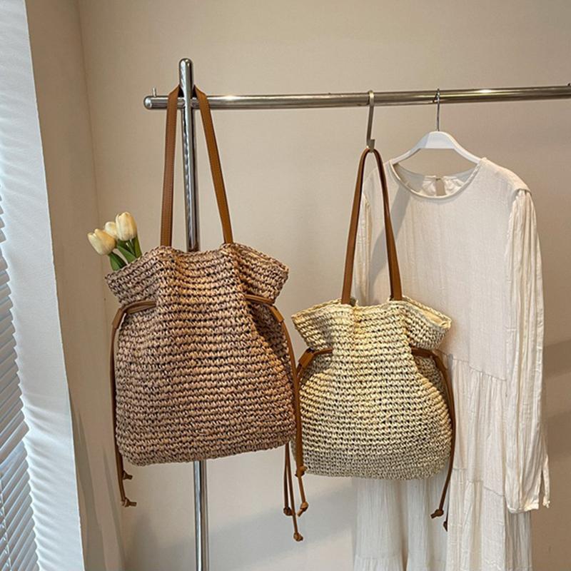 Yogodlns Женская соломенная сумка подмышкой, однотонная плиссированная сумка, большая вместимость, модная сумка на плечо, дорожная сумка для покупок, пляжная сумка