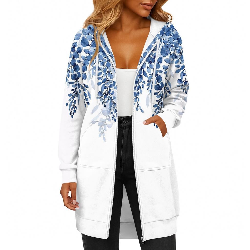 Женская модная толстовка с длинными рукавами, принтом, капюшоном на кулиске, карманом на молнии, длинная, повседневная