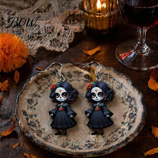 Day of The Dead Earrings Halloween Witch Earrings, Gothic Drop Lightweight Acrylic Pendant Anti-rust Alloy for Women Girls Accessories