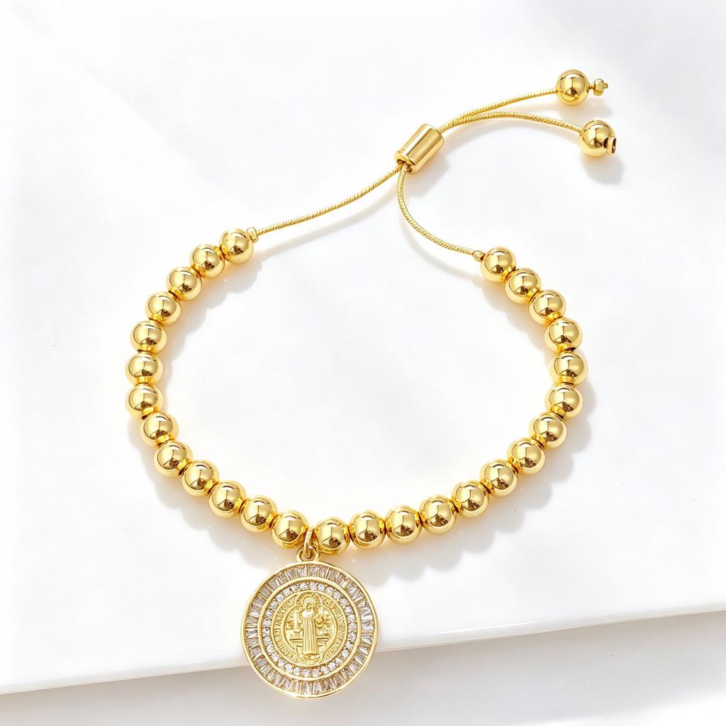 Gold-Plated 6mm Copper Bead Chain St. Benedict Pendant Adjustable Bracelet New Trend for Women's Daily Party Jewelry Accessory
