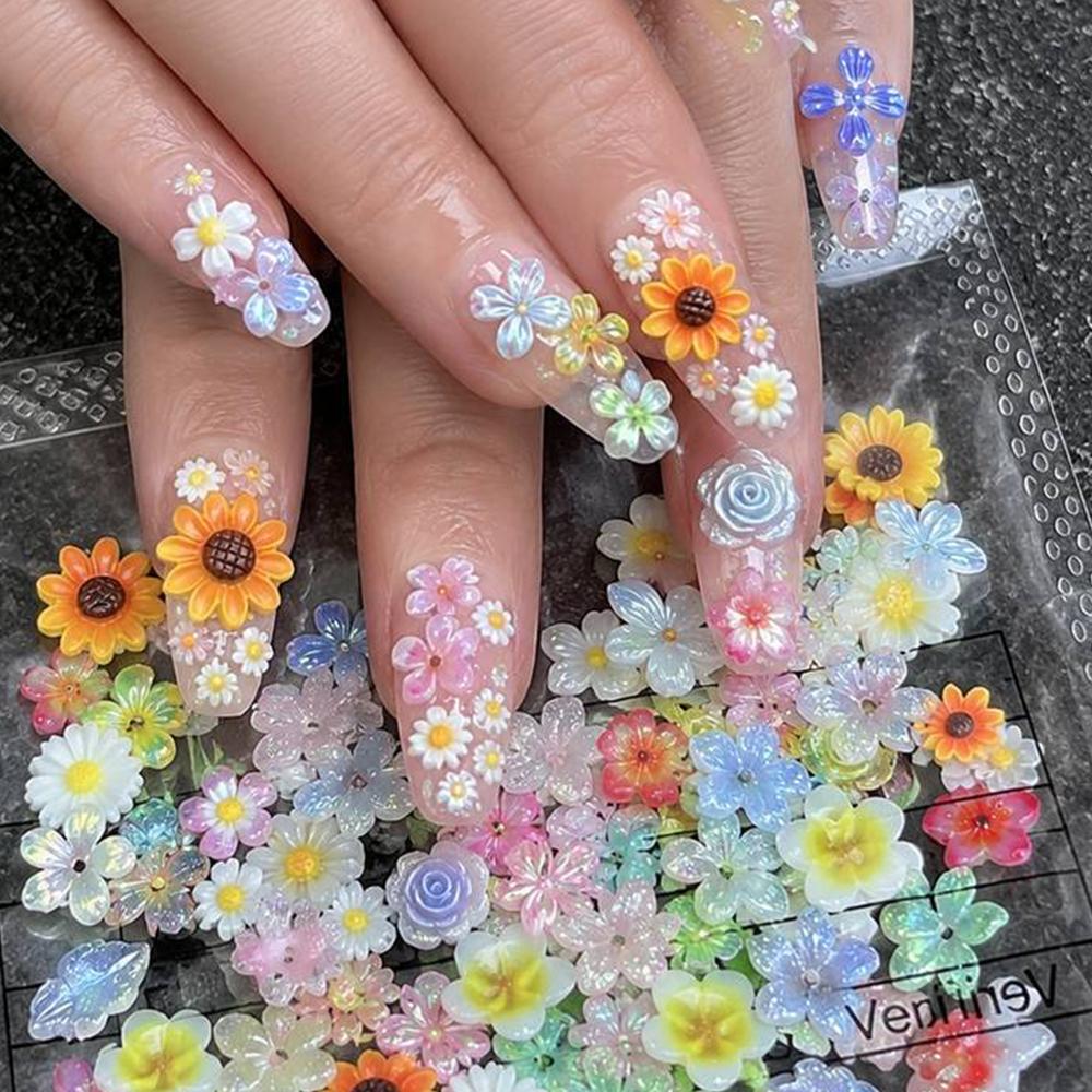 50Pcs Colorful 3D Stereo Flower Nail Charms Multifloral Resin Nail Studs Handmade Acrylic Nail Decor Supplies