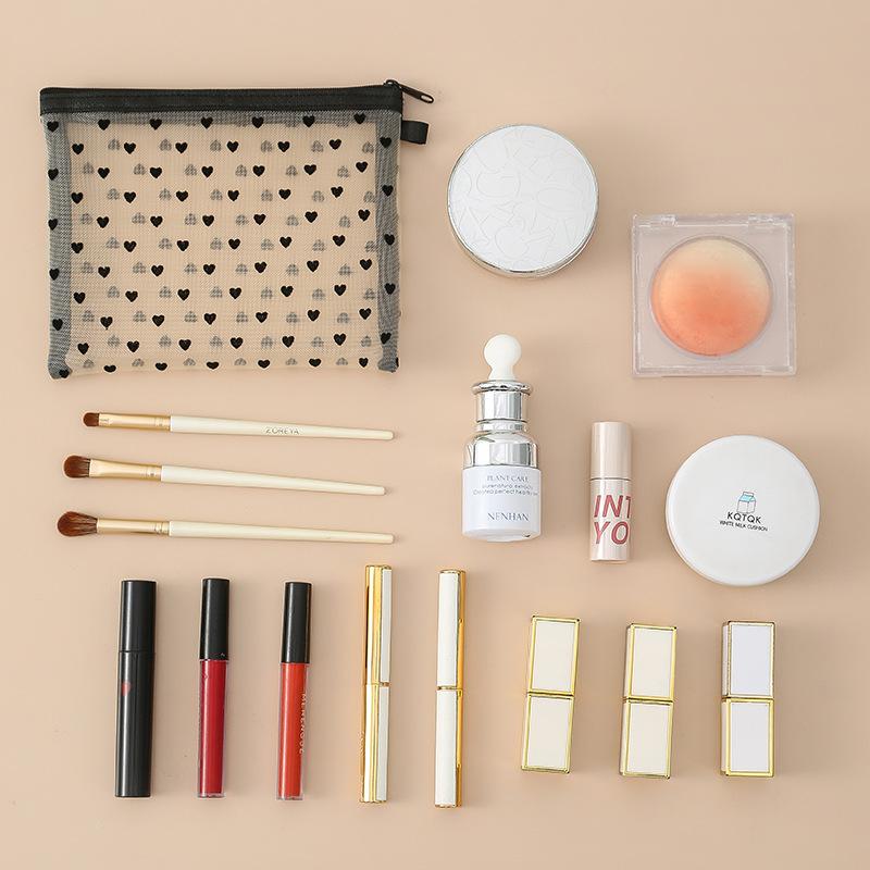 New Heart-Shaped Mesh Makeup Bag Portable Lipstick Makeup Brush Storage Bag Compact Visual Mesh Storage Pouch