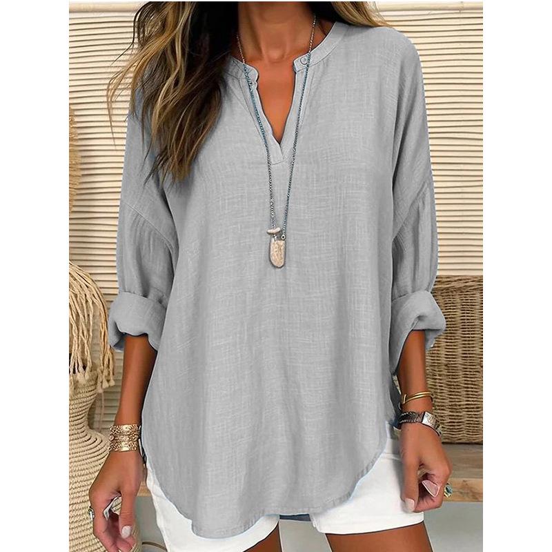 2023 Women's Autumn/Winter V-Neck Cotton Linen Plus Size Shirt - European & American Style