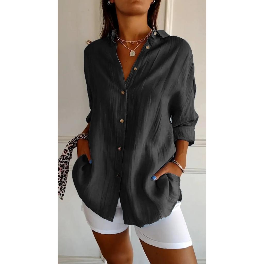 IHUASU Single Breasted Pleated Lapel Shirt Women's Solid Color Pull-up Sleeve Top