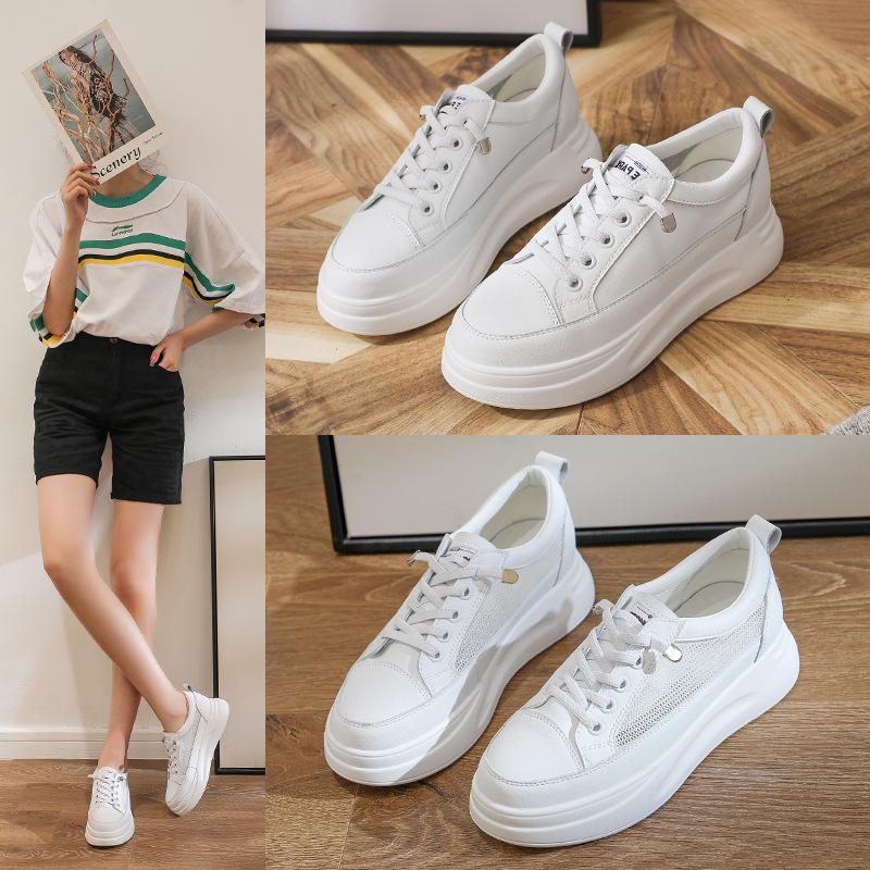 Women's Genuine Leather Mesh White Sneakers - 2024 Spring/Summer Lightweight Casual Height-Enhancing Thick-Soled Shoes