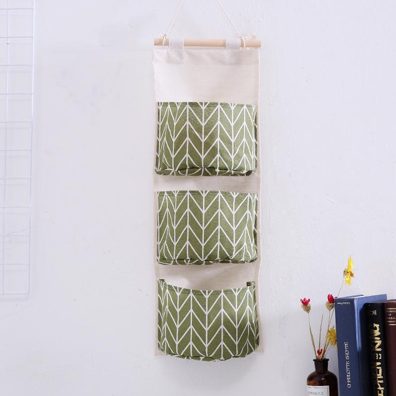 Grid Pattern Cotton Linen Three-Pocket Hanging Storage Bag