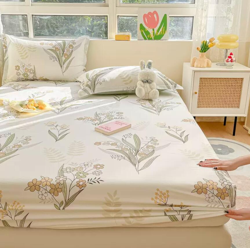 Bed Fitted Sheet + 2pc Pillowcases Bed Cover 100% Cotton Single King Queen Bed Sheet Deep Pocket Mattress Protective Cover B82F