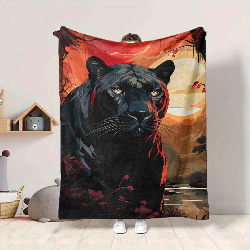1pc Panther Sunset Jungle Blanket - Lightweight Flannel Fleece with Digital Printing, Soft Warm for Sofa, Travel, Camping, Office yy251018304