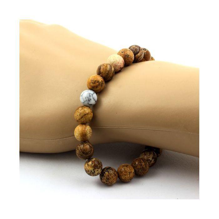 Pierres et Minéraux. Bracelet Perles Jaspe Paysage + Howlite 8 mm. Fabriqué en France.