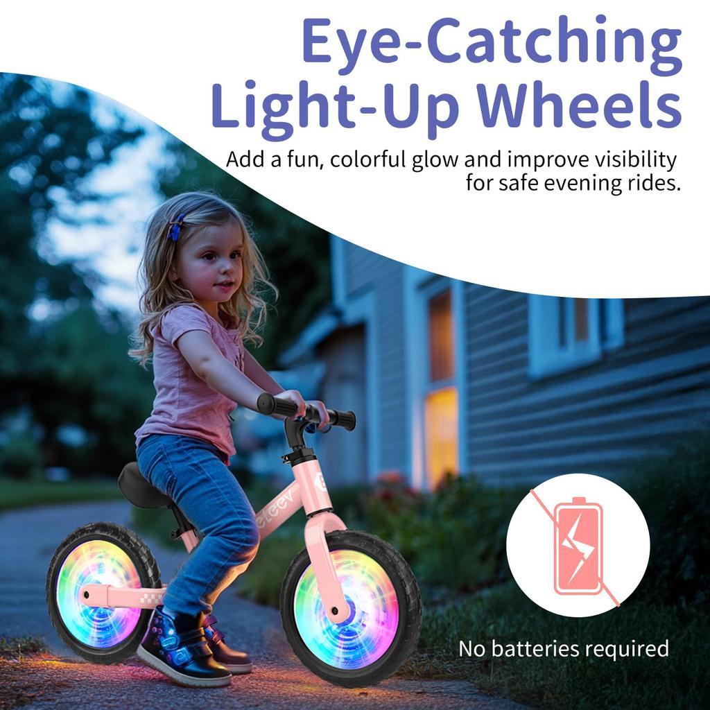 BELEEV Kick Bike, 12-inch, No-Pedal Bike for Ages 2-6, Lightweight & Adjustable Seat & Handlebars, Illuminated Wheels & Carry Strap (Pink)