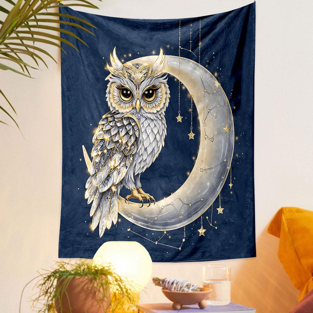 Golden Owl on Crescent Moon with Stars Patterned tapestry home decor, suitable for bedroom and living room, gift