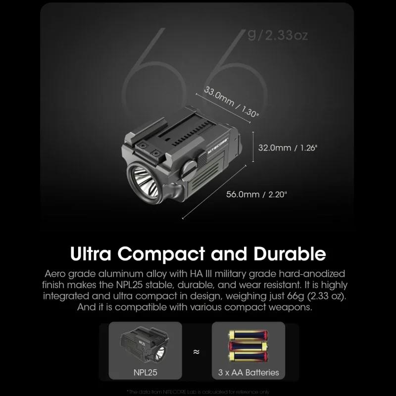 NITECORE NPL25 Compact Tactical Light Shine Far 900 Lumens LED Army Tactical Flashlight for Pistol Airsoft Picatinny Rail