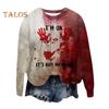 Women Sweatshirt 3D Bloodstain Print Round Neck Casual Halloween Haunted House Cosplay Top Long Sleeves Loose Hoodie