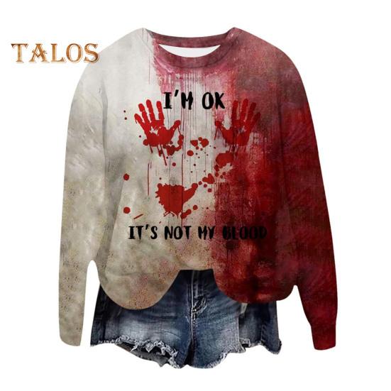 Women Sweatshirt 3D Bloodstain Print Round Neck Casual Halloween Haunted House Cosplay Top Long Sleeves Loose Hoodie