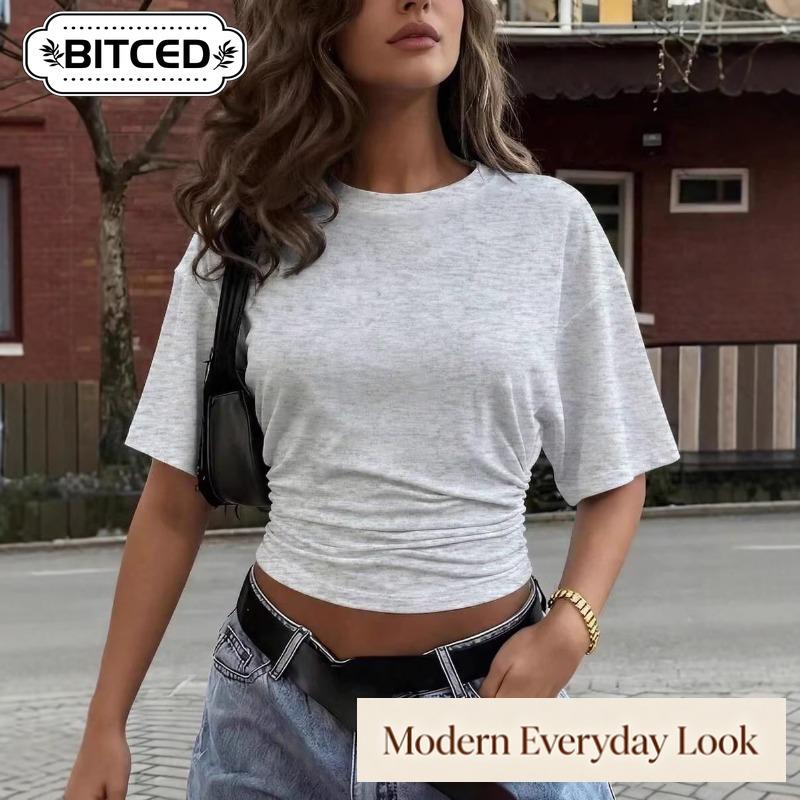 BITCED Женские модные повседневные однотонные блузки и рубашки с короткими рукавами и круглым вырезом с принтом