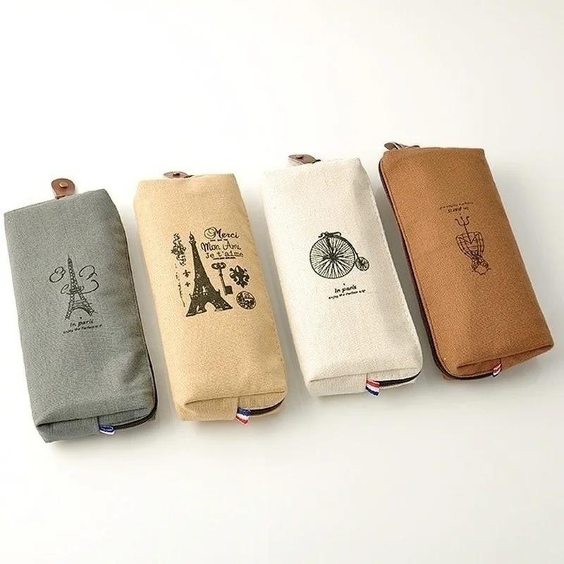 Kawaii Pencil Pouch Cute Vintage Paris Pencil Case Холщовая сумка для монет Сумка на молнии Кошелек Косметичка Канцелярские принадлежности