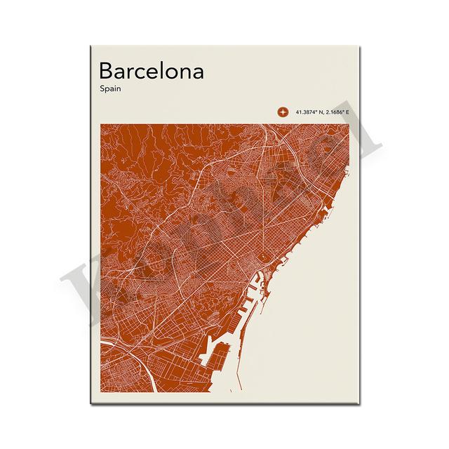 Барселона. Севилья. Бильбао. Мадрид. Альмерия. Цветная карта городов Испании. Искусство стены. плакат