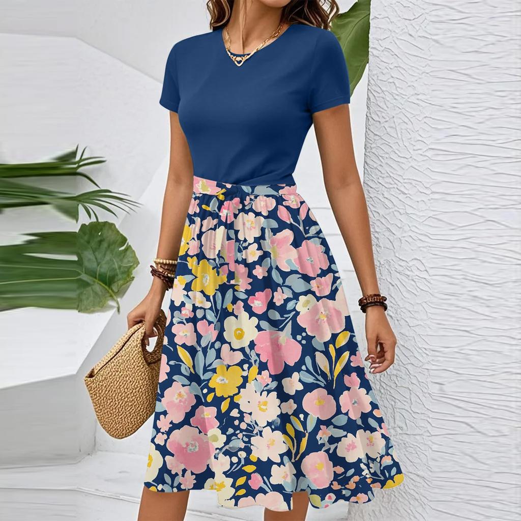 Women's Casual Fashion Belted Floral Print Short Sleeve Round Neck Elegant Dress
