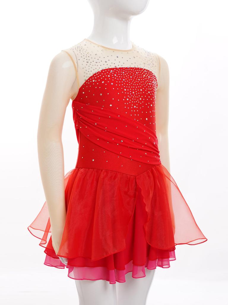 Платье для фигурного катания для девочек, блестящие стразы, прозрачная сетка, длинные рукава, вырез на спине, лирическое платье для выступления