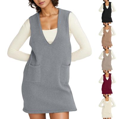 Женская мода свободный жилет повседневный карман свитер однотонные платья сзади