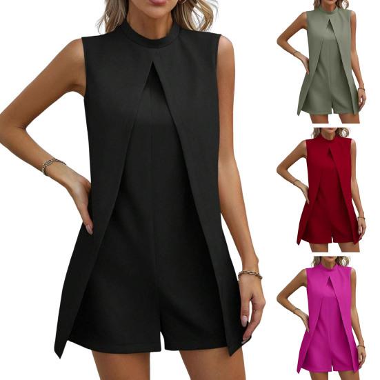 Женский летний комбинезон с воротником-стойкой, без рукавов, свободный, с разрезом, нерегулярный, однотонный, деловой, деловой, короткий комбинезон