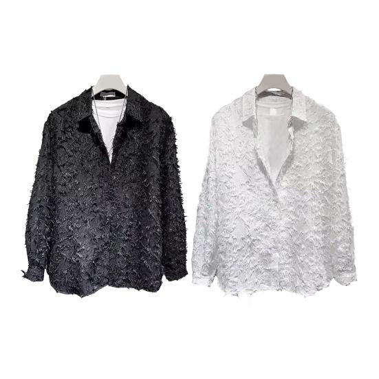 Мужская рубашка с длинным рукавом, однотонная, пушистая, с кисточками, кардиган на пуговицах, средней длины, обычная посадка, уличная, клубная рубашка для повседневной носки, вечеринок, путешествий