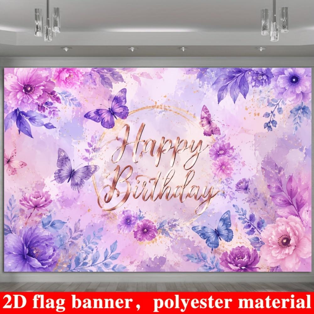 2D Flat Banner, Purple Floral Butterfly Happy Birthday Backdrop, Golden Gradient Ring, Pink Purple Watercolor, Polyester