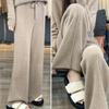 Wool Casual Pants Solid Color Straight Wide Leg Knitting Trousers with Drawstring High Waist Thickened Slacks