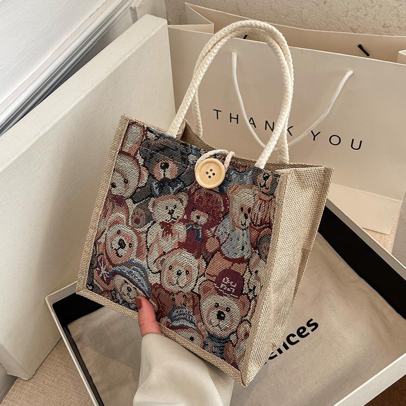 Льняная сумка-тоут, льняная сумка, школьная сумка-ланч-бокс для переноски вручную, симпатичная маленькая холщовая сумка с мультяшным принтом.