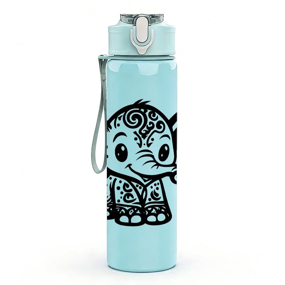 1PC Ornate Black White Elephant 750ml Color Plastic Sports Water Bottle Leakproof Flip Straw Lid Suitable for Sports Office Home Use