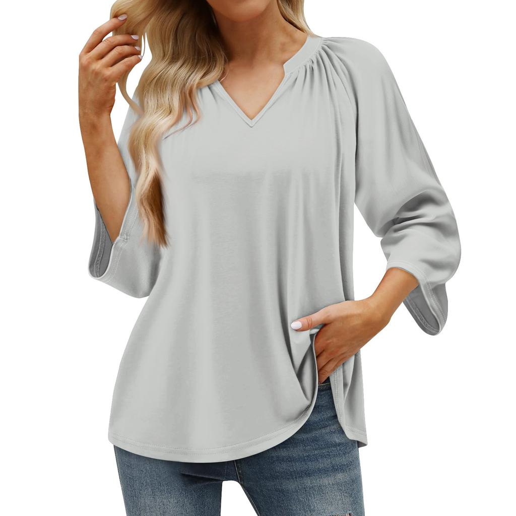 Women's Summer Casual 3/4 Sleeve T-Shirt Solid V Neck Pullover Top