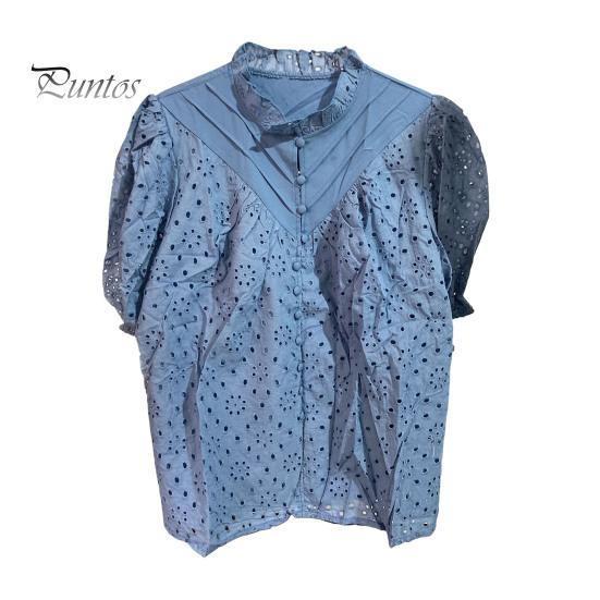 Женская рубашка с воротником-стойкой и V-образным вырезом, коротким рукавом, ажурным вышитым цветочным узором, кружевная блузка, повседневные нарядные топы