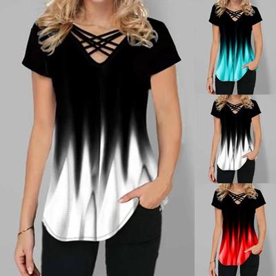 Женская мода, летние повседневные свободные рубашки с круглым вырезом и блузки с короткими рукавами и градиентным принтом, футболки, уютные топы