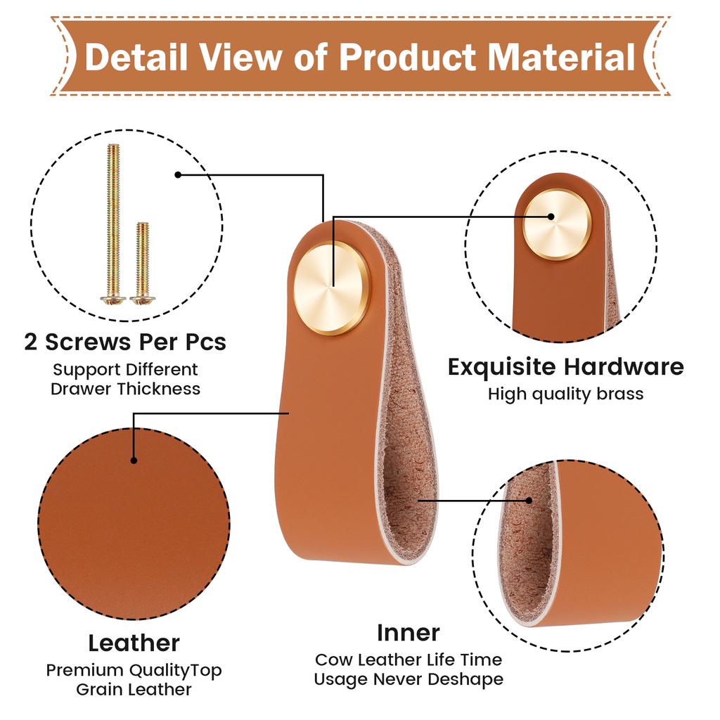 6Pcs Leather Drawer Pulls Cabinet Wardrobe Door Drawer Knob Nordic Style Thickened Cow Leather Pulls with Brass Buckles