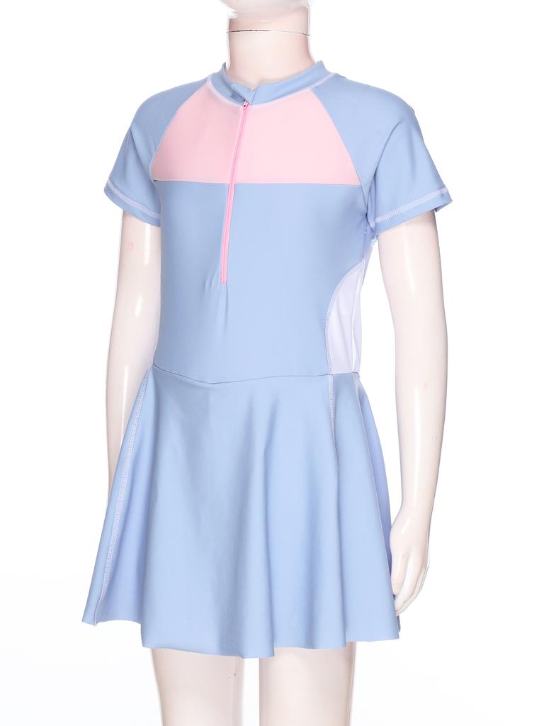 Подростковое купальное платье с короткими рукавами, цветной блок, пэчворк, на молнии спереди, рашгард, купальник, защита от УФ-лучей