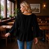 Women V Neck 3 4 Flared Sleeve Loose Fit Solid Color Casual Shirt