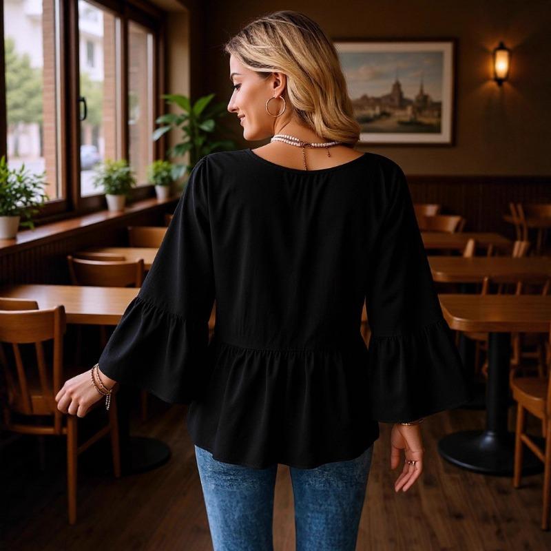 Women V Neck 3 4 Flared Sleeve Loose Fit Solid Color Casual Shirt