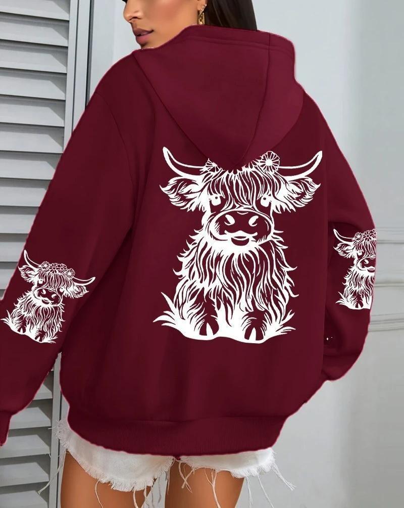 Women'S, Cow Cartoon Animal, Printed Women'S Hoodie Fall Loose Casual Pocket Fleece Pullover