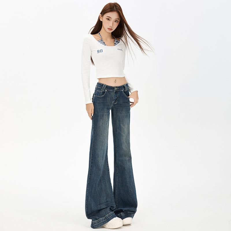 Blue denim micro-pull pants women's winter new design sense retro design sense rear bag floor pants