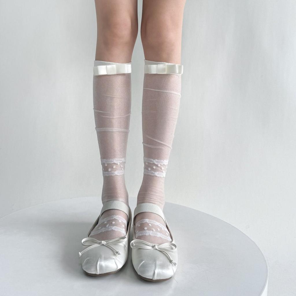 Летние ультратонкие носки до икры с бантиком-стримером и кружевом для женщин, кремово-белые, JK, из кристаллического шелка, милые носки