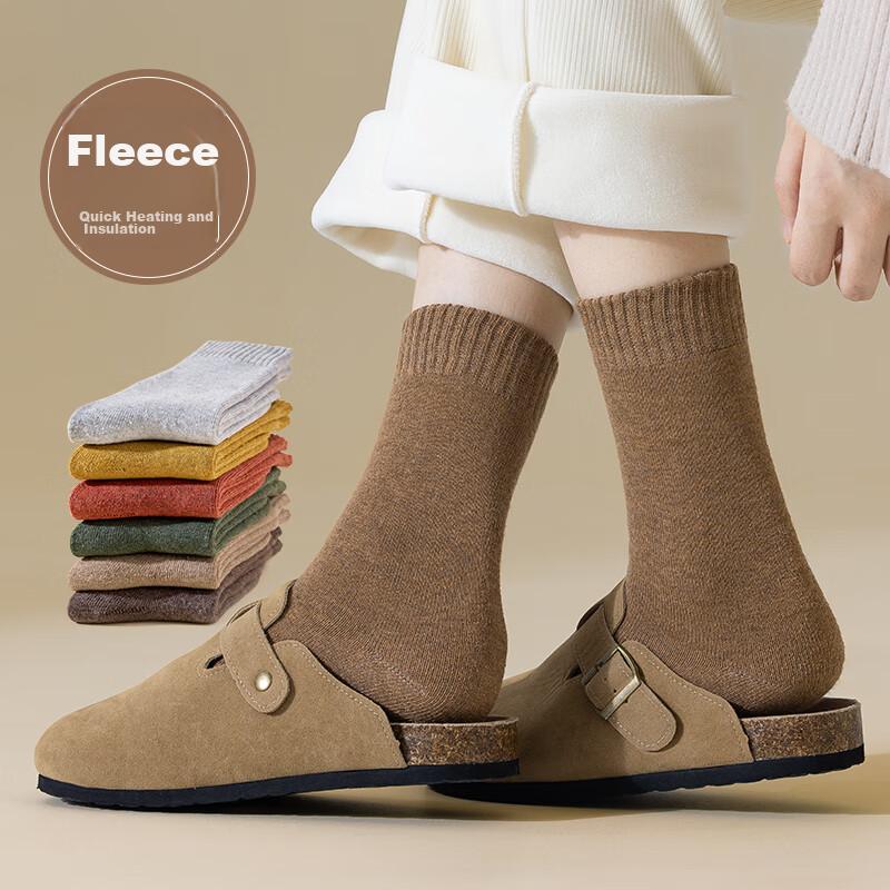 6 Pairs Women's Socks, Autumn And Winter Fleece-Lined Thick Warm Cotton Socks, Mid-Calf Socks, Terry Long Socks, Floor Socks