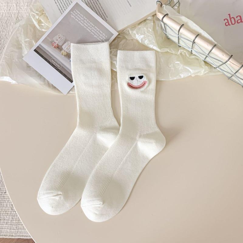 Осень Чистый Хлопок, Милое Улыбающееся Лицо, Большие Глаза, Вышивка, Веселая Девочка, Новые и Озорные Абстрактные Гольфы до середины икры, Однотонные Носки для Девочек